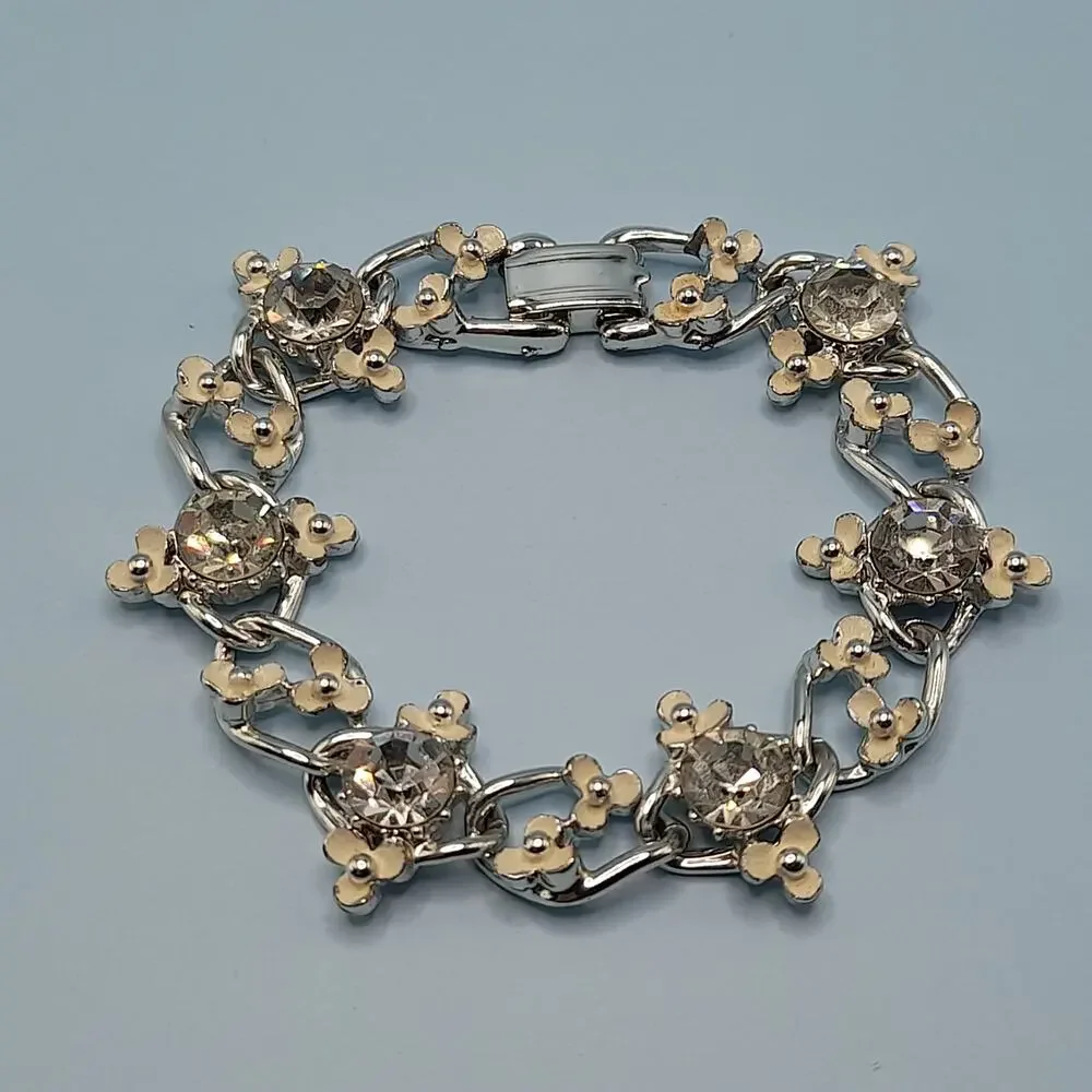 Vintage Creamy White Flower Bracelet, Clear Rhinestones, Mid-Century
